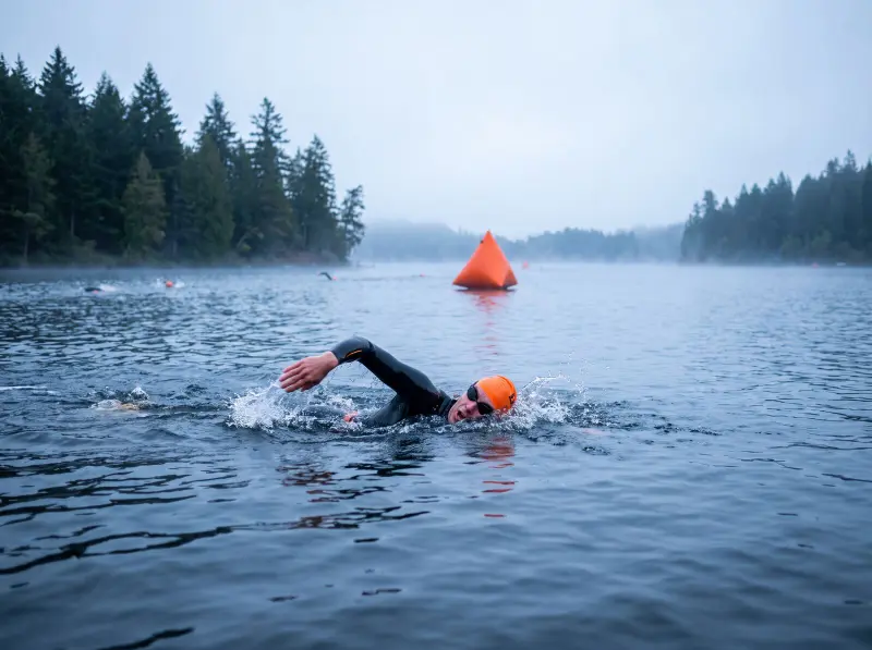 A triathlete in a wetsuit swimming freestyle in an open-water lake past a race buoy